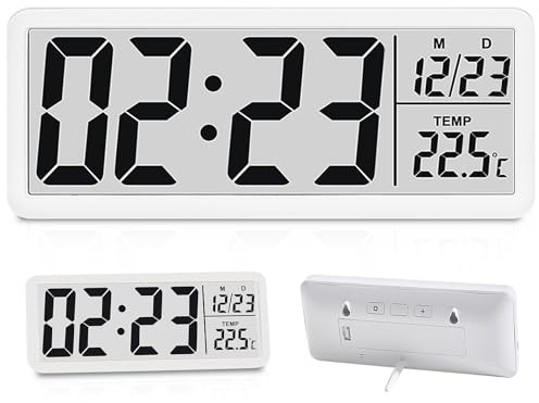 BORDEAG Digital väggklocka, LED-väggklocka, digital klocka med LED-display, digital bordsklocka för hem, kök, kontor, vardagsrum, skola, kan hängas, temperatur, tid