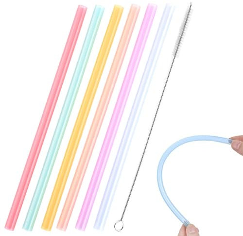 Reusable Silicone Straws with 1 Cleaning Brush, 6Pcs Soft Flexible Straw Colourful Drinking Straws Drinking Straw for Children & Elderly, 6mm Inner Diameter