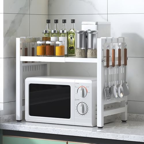 BELIFEGLORY Expandable Microwave Oven Rack, Kitchen Countertop Over Microwave Stand Shelf Unit, Kitchen Worktop Organiser for Air Fryer, Space Saving Standing Baker's Racks (White / 2-Tier)