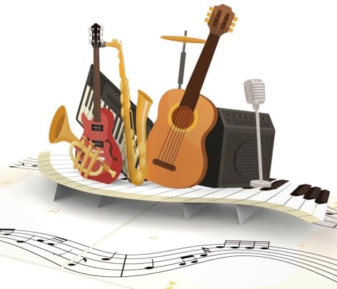 MOKIO® Tarjeta Pop-Up – Instrumentos musicales – Tarjeta regalo 3D para un cumpleaños, tarjeta de felicitación emergente para un concierto, clase de música o nuevo instrumento