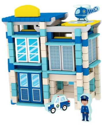 FytStycale Set di Blocchi da Costruzione Fai-da-Te per Case in Legno, Giocattolo Educativo di Ingegneria, Blocchi di Architettura, Kit di Costruzione per Bambini, Stazione di Polizia