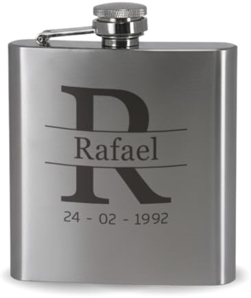 DEREGALOOS Petaca Personalizada con Grabado Laser. 9 Diseños a Elegir. Frases Divertidas, Romántico, Iniciales o Nombres. Regalo Elegante con Vasos y Embudo (Inicial)