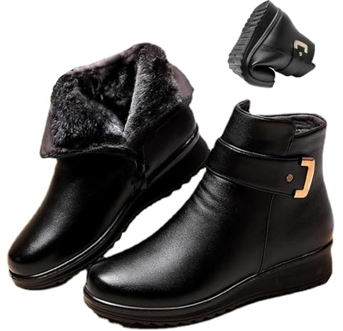 Botas de piel con hebilla para mujer, plataforma ortopédica, antideslizantes, con cremallera lateral, tacón grueso, botas de nieve cálidas, botines cortos para invierno, negro a, 38.5 EU