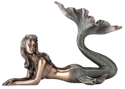 Lounging Mermaid of Gazing Gulf Lustrous Bronze Finish Statue 11 Inch