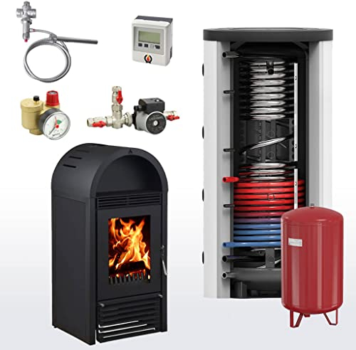 Komplettset - 12,31 kW Kaminofen Bruno Marbella wasserführend schwarz + 500 l Hygienespeicher mit 1 Wärmetauscher
