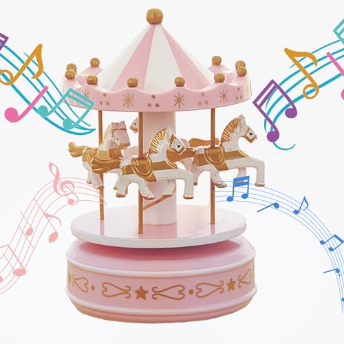 MINGZE Carousel Music Box, Music of Castle in the Sky, 11 Colors, Clockwork Vintage Merry-Go-Round Toy Birthday/Christmas/Decoration/Children Gifts (Star-pink)