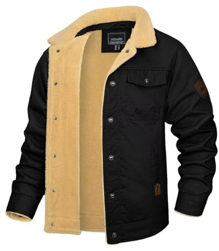 KEFITEVD Sherpa Gefütterte Jacke für Männer Winter Mantel Trucker Jacken für Männer Reverskragen Casual Windbreaker Militär Cargo Jacke Schwarz