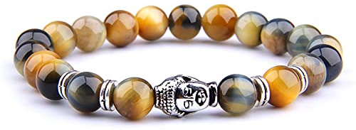 8 mm kungligt blå tigeröga armband män silverfärg Buddha huvud berlock armband kvinnor amulett Vinatge gul sten pärlor pulsera, dröm tiger - 2,21 cm