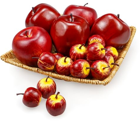 15 pezzi di mele artificiali, finte mele rosse frutta simulazione realistica finta mela Prop decorativo tavolo da pranzo cesto finte mele decorazione cucina (5pcs rosso scuro mele + 10pcs mini mele)