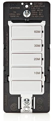 Leviton Countdown Timer Switch for bathroom fan and household lights, 10-20-30-60 min, No Neutral Required, Single Pole, 15A, 1/2HP/9.8A Fan/Motor, DT160-1LW, White