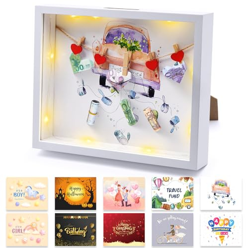 Geldgeschenk Hochzeit Spardose im Bilderrahmen, Personalisiertes Hochzeitsgeschenke für Brautpaar mit Licht, 3D Bilderrahmen zum Befüllen für Hochzeit Taufen Reisen Geburtstag