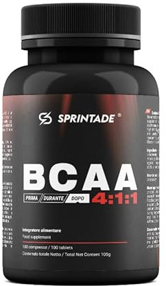 Sprintade® BCAA 4:1:1 100 Compresse, Aminoacidi Ramificati Leucina, Isoleucina, Valina, Vegane, Integratore Alimentare Pre e Post Workout per Massa Magra (100 Compresse)