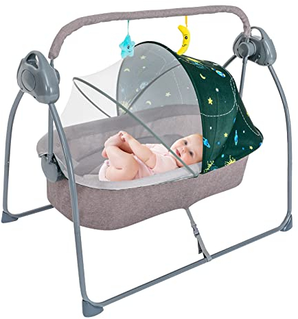 Babywiege, Elektrisch Babyschaukel Intelligenter Bluetooth Automatischer Schaukel Schaukelwiege mit Fernbedienung, 12 Musik und Moskitonetze, Baby Wiege für Babys Zwischen 0 Und 18 Monaten, Grün