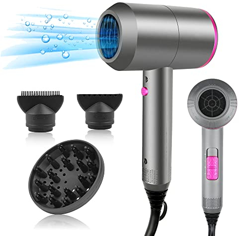 HappyGoo Föhn Ionen Haartrockner AC Motor Professioneller Fön mit 3 Hitze-Einstellungen, Kaltlufttaste mit 1 Diffusor & 2 Konzentratoren für viele Frisuren Grau
