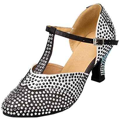 MINITOO Ladies Low Heel Ballroom Dance Shoes Formal Party Pumps with Rhinestones L136 Black/White 6cm Heel UK 7