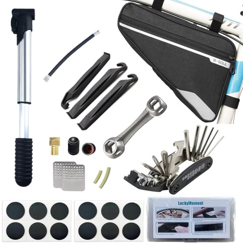 LuckyMoment Bike Repair Kit,Mini Bicycle Pump, Bike Tire Repair Tool Kit Contains 16-in-1 Tool, Water-Resistant Bike Triangle Pouch, Used for Mountain Bike and Road Bike.