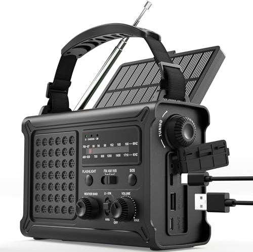 ROCAM Radio Solar de Emergencia 12000 mAh con Manivela 650 mA y Panel Solar 8500 mm², Radio Portátil Am/FM con Linterna LED, Carga USB, Alarma SOS e Impermeable IPX6 – Ideal para Camping y Apagones