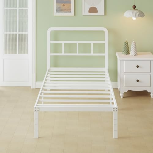 Lutown-Teen Lit 1 Place Adulte 90 x 190 cm avec Sommier à Lattes en Métal, 36 cm de Haut, avec Tête de Lit Simple Une Personne, Metal Sommier 90x190 avec Pieds, Montage Facile, sans Bruit, Blanc