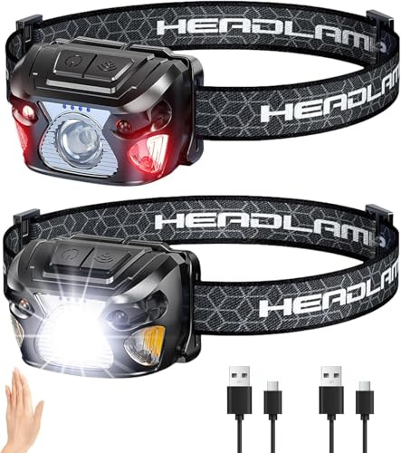 Lampe Frontale Rechargeable,2000LM Super Lumineux Léger Lampe Frontale Led Ultra Puissante avec 6 Modes d'Éclairage,IPX5 Étanche Frontale Rechargeable avec Indicateur de Puissance pour Running,Camping