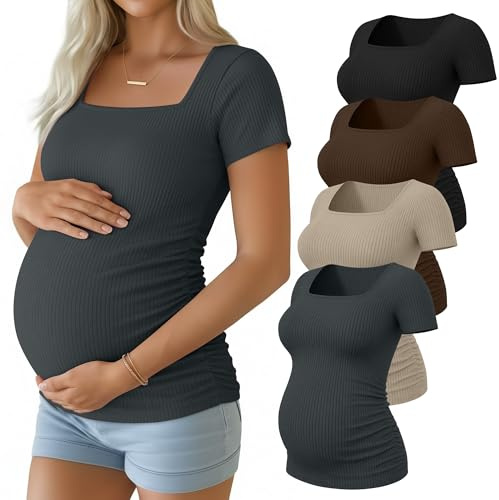 Geyoga Paquete de 4 Camisetas de Maternidad para Mujer, de Algodón Acanalado, Manga Corta, Cuello Cuadrado y Fruncido Lateral(M,Negro, Marrón, Caqui Claro, Gris Oscuro)