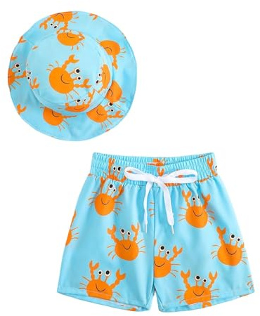 Generisch Costume da bagno per ragazzi con simpatico motivo a granchio e cuffia da nuoto abbinata, per spiaggia e piscina, multicolore, 12-18 Mesi
