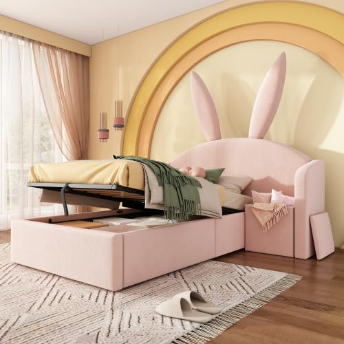 Merax Bunny Ears Kids Bed with Hydraulic Storage & Nightstand, Upholstered Single Bed Frame for Girls Bedroom, Kids Single Bed with Velvet Headboard, Youth Bed 90 x 190 cm, No Mattress