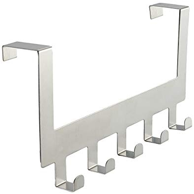 Over The Door Hook Hanger, Heavy-Duty Organizer Rack for Coat, Towel, Bag, Keys and Robe - Stainless Steel (5 Hooks, Silver)