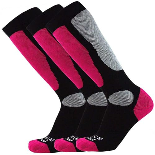 Pure Athlete Kids Value Ski Socks for Boys, Girls – Snowboarding, Winter, Cold Weather (S/M, 3 Pairs - Neon Pink)