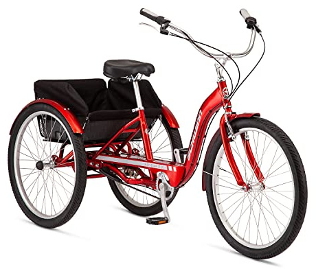 Schwinn Meridian Deluxe Adult Tricycle Bike, Mens and Womens Three Wheel Beach Cruiser, 26-Inch Wheels, Low Step-Through Frame, Wide Seat, Rear Folding Basket, 3-Speed, Red
