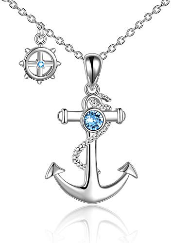 YAFEINI Collana di ancoraggio in argento sterling lucido con corda di ancoraggio nautico fine gioielli in cristallo blu oceano… (Collana di ancoraggio)