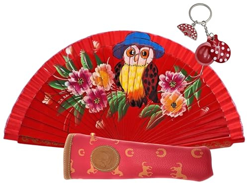 Dos abanicos de Madera con Flores y un Buho Pintados a Mano (con Errores en Pintura, Errores de fábrica o daños leves). Incluye una Funda Artesanal y un Llavero Flamenco. (Buho Rojo)