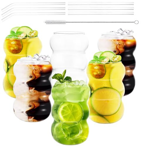 GBACHOOSE Juego de 6 vasos de burbuja de 500 ml, acanalados con pajita, para matcha, estética, latte, cócteles, limonada, zumo, whisky