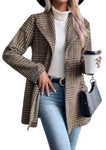 IDEALSANXUN Blazer largo de lana a cuadros para mujer, trajes de otoño e invierno, gabardina de manga larga, casual, elegante, chaqueta con solapa, Beige Marrón, S