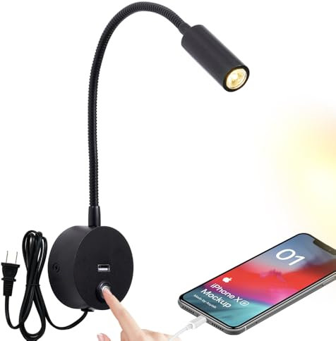 WisHomee Dimmbare Leselampe Wandleuchte mit USB Ladeanschluss, LED Plug-in Wandmontage, Nachttisch Wand Montiert Lampe, Flexible Wandleuchte, Schwarz Fertig