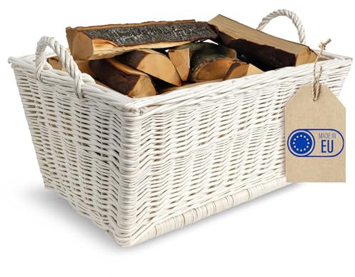Creative Home Cesta de Mimbre Blanca para Almacenar Leña con Asas y Tela de Yute | 47 x 33 x 30 cm Rectangular Grande | Tejida a Mano Duradera Interior | Sauce Grueso Natural | Multiuso