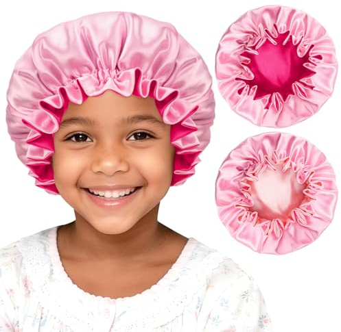 Bonnet de nuit en soie pour enfant, bonnet en satin pour cheveux bouclés, idéal pour les garçons et les filles, accessoire de cheveux, double épaisseur, lot de 2, Or rose et Rose vif
