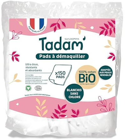 TADAM' - Pads à Démaquiller - Cotons démaquillants carrés - Carrés de Coton Bio Certifié GOTS, Blanchis sans Chlore - Ultra Doux et Résistants pour le Démaquillage Visage - 150 Pads