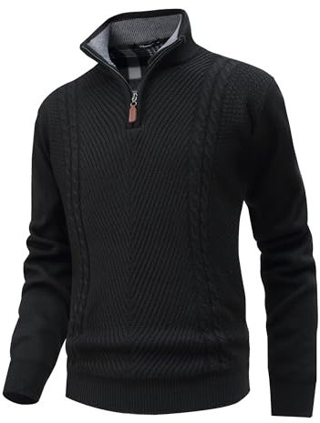 CoXuantion Homme Col Montant Pull 1/4 Zip Casual Pullover Polaire Tricoté d'hiver Pulls Slim Fit Chaud Sweater Col Roulé Grosse Manches Longues XL,Noir