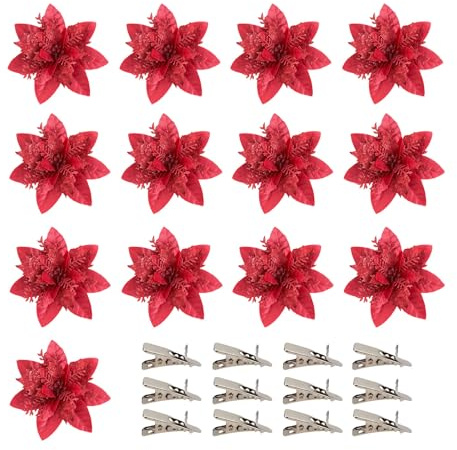 Rainway 12 Pcs Fleurs Sapin de Noël, Fleurs de Poinsettia de Paillettes de Noël, Artificielles Ornements de Sapin de Clips, Décorations de Poinsettia, pour Couronne, Mariage, Fête, Rouge