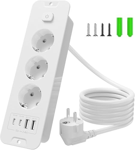 Inhwatek grenuttag med USB (PD 20W), 3-vägs inbyggt uttag, 7-i-1 infällbart uttag bordsuttag, flera uttag med 2 m kabel för kök kontor arbetsplats, 16 A/4 000 W