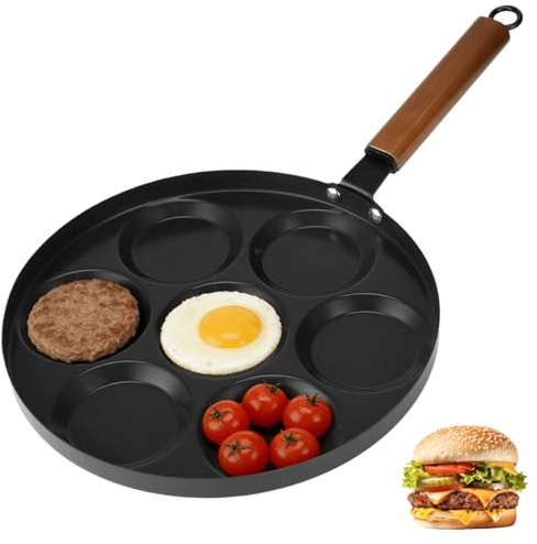NIMBLOOM 7-Cup Egg Frying Pan Nonstick, 12 in Omelet Pan with Wood Handle, Ceramic Coating Pancake Pan Includes Brush and Spatula, Compatible with All Stove Cookers