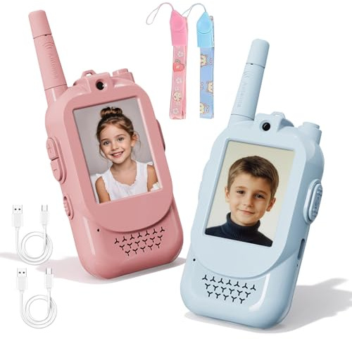 Juego De 2 Walkie Talkie Niño, Recargables, con Función De Cambio De Voz y Vídeo, Alcance De Comunicación De 150 a 500 Metros, Aptos para Niños De 3 a 12 Años, Una Idea Creativa