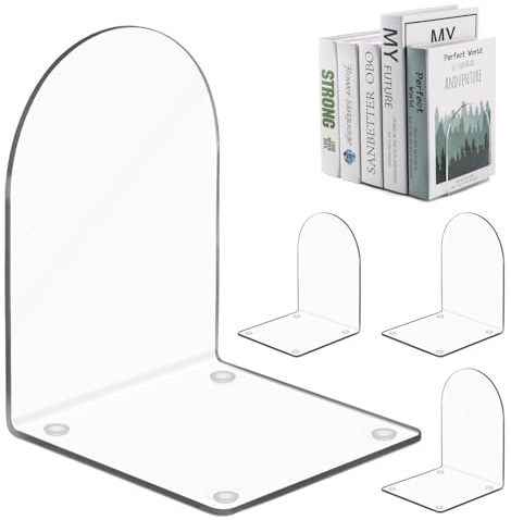 4 Pcs Acrylic Bookends, Clear Book Ends for Shelves with Anti-Slip Rubber Pads, Arch Book Stopper to Hold Books, Decorative Book Organiser for Heavy Duty Books, CDs, Files, School Office