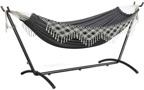 Mondeer Hamac bohème pour 2 Personnes avec Support,Réglable en Hauteur, hamac Double avec Franges et Cadre métallique, idéal pour terrasse, Jardin et Balcon,Gris