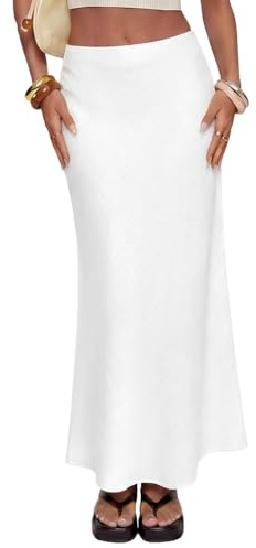 TEDDIFY Women's Linen Maxi Skirt Elastic High Waisted White Summer Casual Clothes Long Skirts for Women