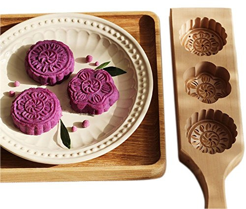 MoonCake Mold Chinese Traditional Mid-autumn Festival Moon Cake Mold 3 Flower Shape Wooden Handmade Baking Mold for Muffin Mooncake Cookie Biscuit Chocolate Pumpkin Pie