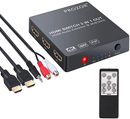 PROZOR HDMI Konverter 3x1 HDMI Switch mit Audio Extractor Analog Optisches Toslink SPDIF Ausgang Support 4K 3D mit IR Fernbedienung HDMI Kabel USB Ladekabel 3.5mm männlich zu 2 RCA Weiblich Kabel