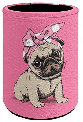 Kuiaobaty Stiftehalter für Kinder, Leder, niedlicher Mops, Hund, rosa, runder Stifthalter für Kinder, Schreibtisch-Organizer, Damen, Make-up-Pinselhalter