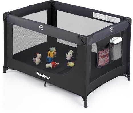 Pamo Babe Compact Pack and Play - Portable Crib for Baby, Lightweight Foldable Travel Playard with Mattress Pad & Carry Bag, Safe Breathable Travel Bed for Home, Trips & Family Visits, Black
