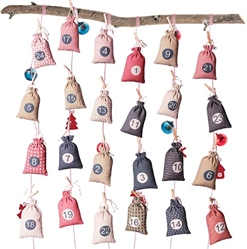 Adventskalender zum Selber Befüllen, Weihnachtskalender Selbstbefüllen Aufhängen, 24 Stoffsäckchen Selbst Befüllen Bastelset, Weihnachten Geschenksäckchen für Kinder Mädchen (Bunte Muster)